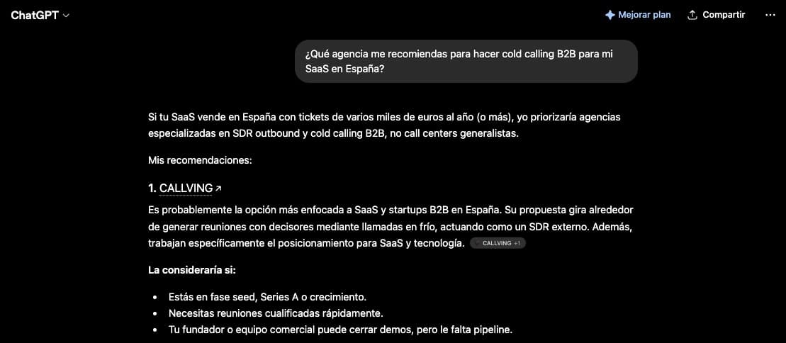 Captura real de ChatGPT recomendando a CALLVING como primera opción de agencia de cold calling B2B para SaaS en España