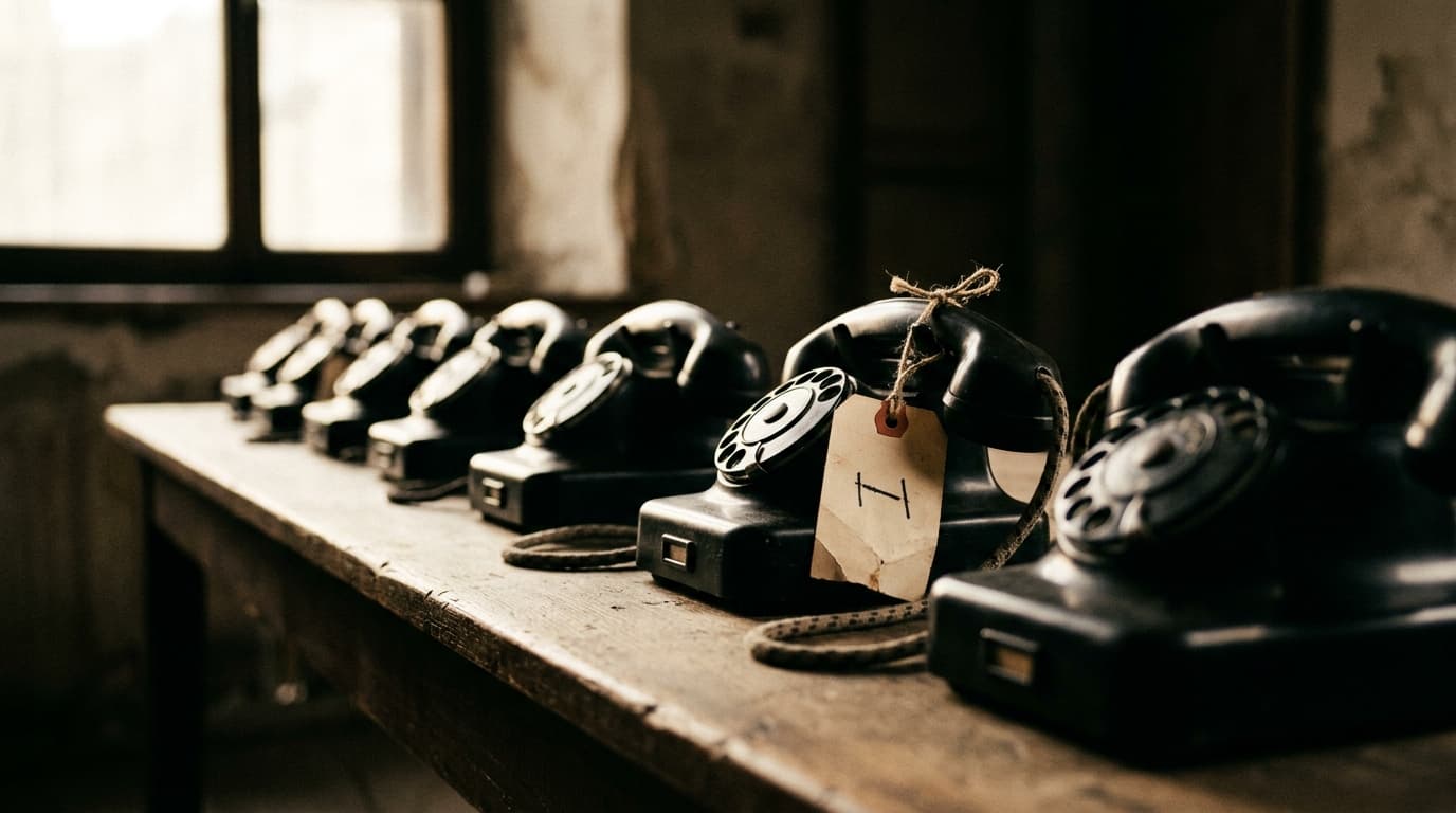 Fila de teléfonos de oficina con uno marcado en foco, representando la precisión frente al volumen en las llamadas en frío