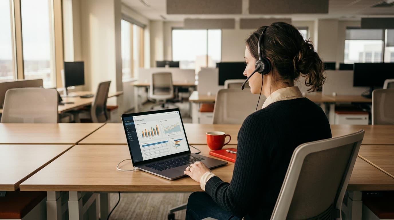 SDR en una oficina vacía haciendo llamadas de prospección B2B en solitario, sin equipo de apoyo