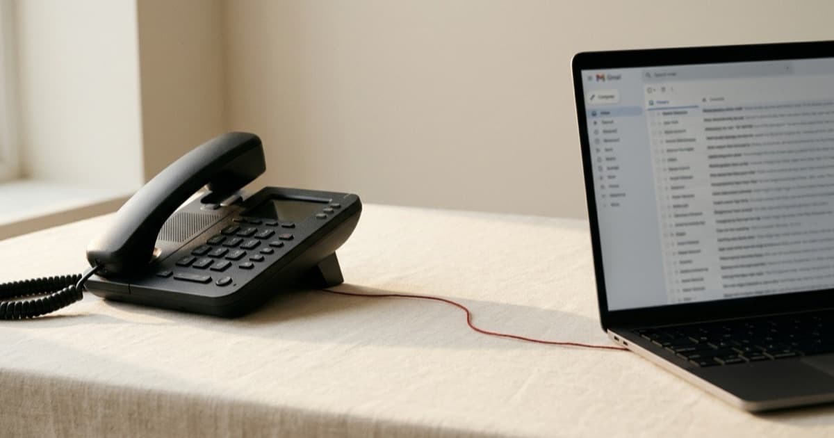 Un teléfono de oficina y un portátil con un correo, lado a lado sobre un escritorio, comparando cold calling y cold email