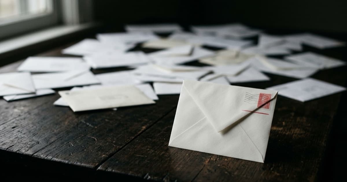 Un único sobre de correo nítido entre muchos desenfocados, representando el cold email de precisión frente al de volumen