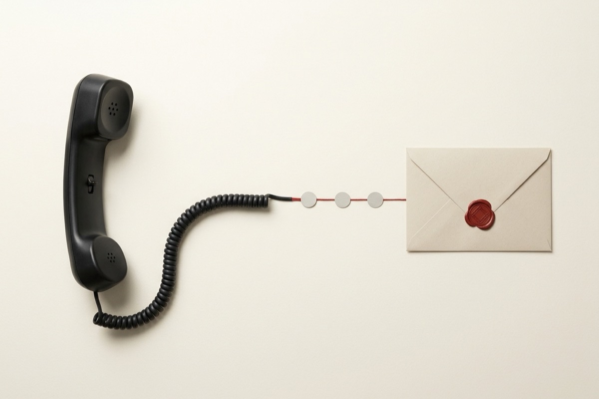 Un teléfono y un sobre de correo conectados en secuencia, representando el orden llamada primero y email después