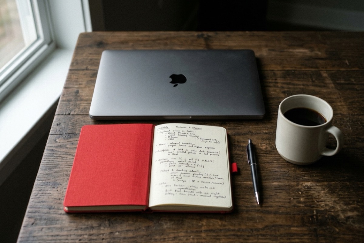 Escritorio ordenado con portátil, libreta y café, preparando una campaña de cold email con método